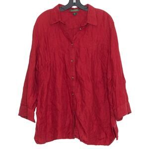 Lauren Ralph Lauren Top Linen Monogram Button Coastal Grandma Minimalist Red 2X
